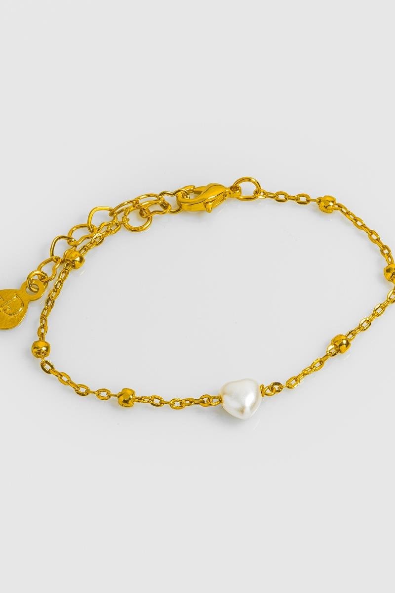 PULSEIRA INFANTIL CORAÇÃO DE PÉROLA CORRENTE DE ELINHO COM BOLINHAS OURO