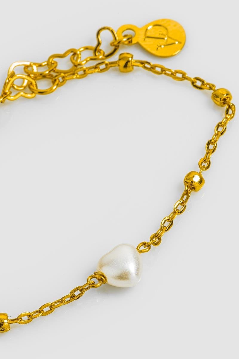 PULSEIRA INFANTIL CORAÇÃO DE PÉROLA CORRENTE DE ELINHO COM BOLINHAS OURO