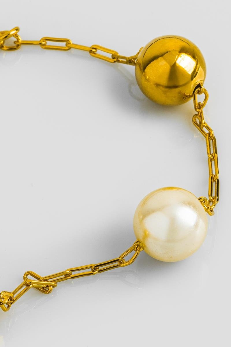 PULSEIRA DE PÉROLA E BOLA 10MM ELO OVAL LONGO OURO
