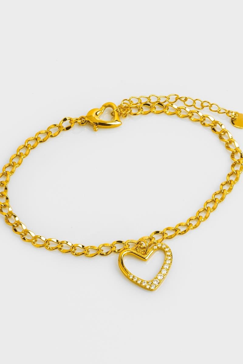 PULSEIRA CORAÇÃO CRAVEJADO EM ZIRCÔNIAS VAZADO ELO ONDULADO OURO