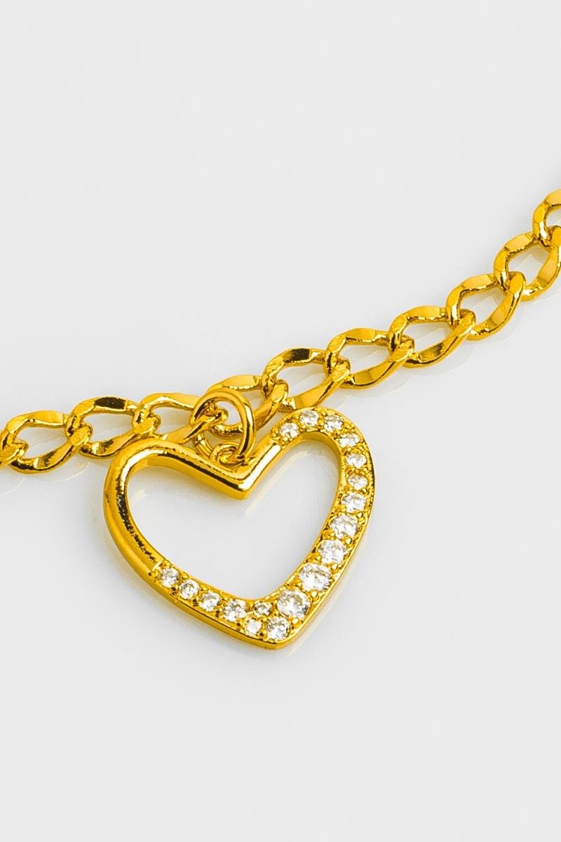 PULSEIRA CORAÇÃO CRAVEJADO EM ZIRCÔNIAS VAZADO ELO ONDULADO OURO