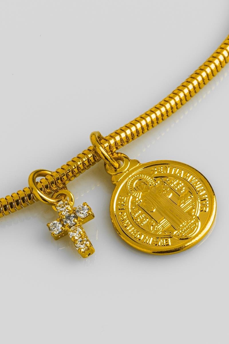 PULSEIRA SÃO BENTO 11MM CRUZ DE ZIRCÔNIAS CORRENTE RABO DE RATO OURO
