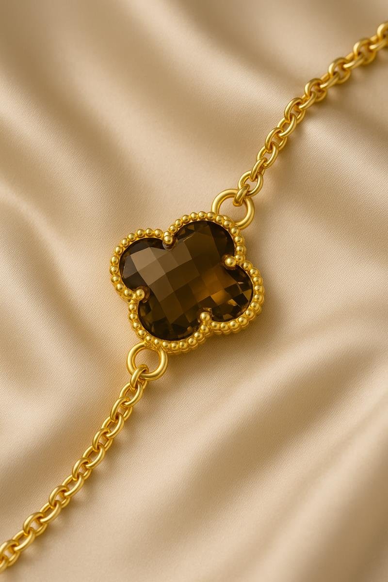 PULSEIRA TREVO QUARTZO FUMÊ 12X17MM ELO PORTUGUÊS OURO