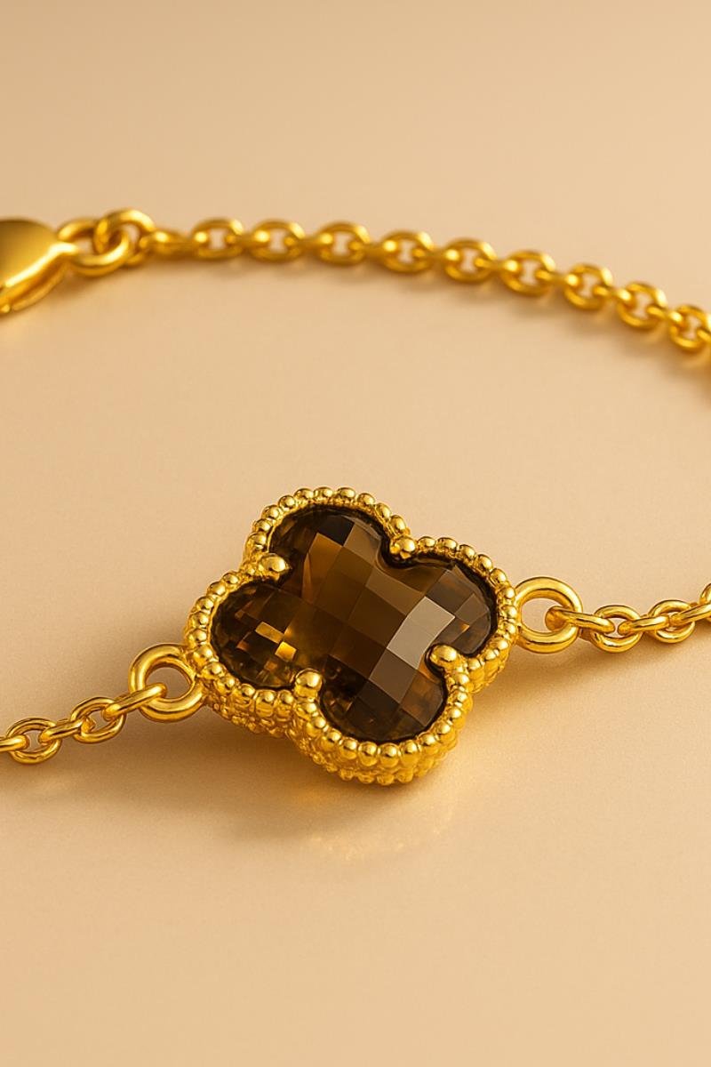 PULSEIRA TREVO QUARTZO FUMÊ 12X17MM ELO PORTUGUÊS OURO