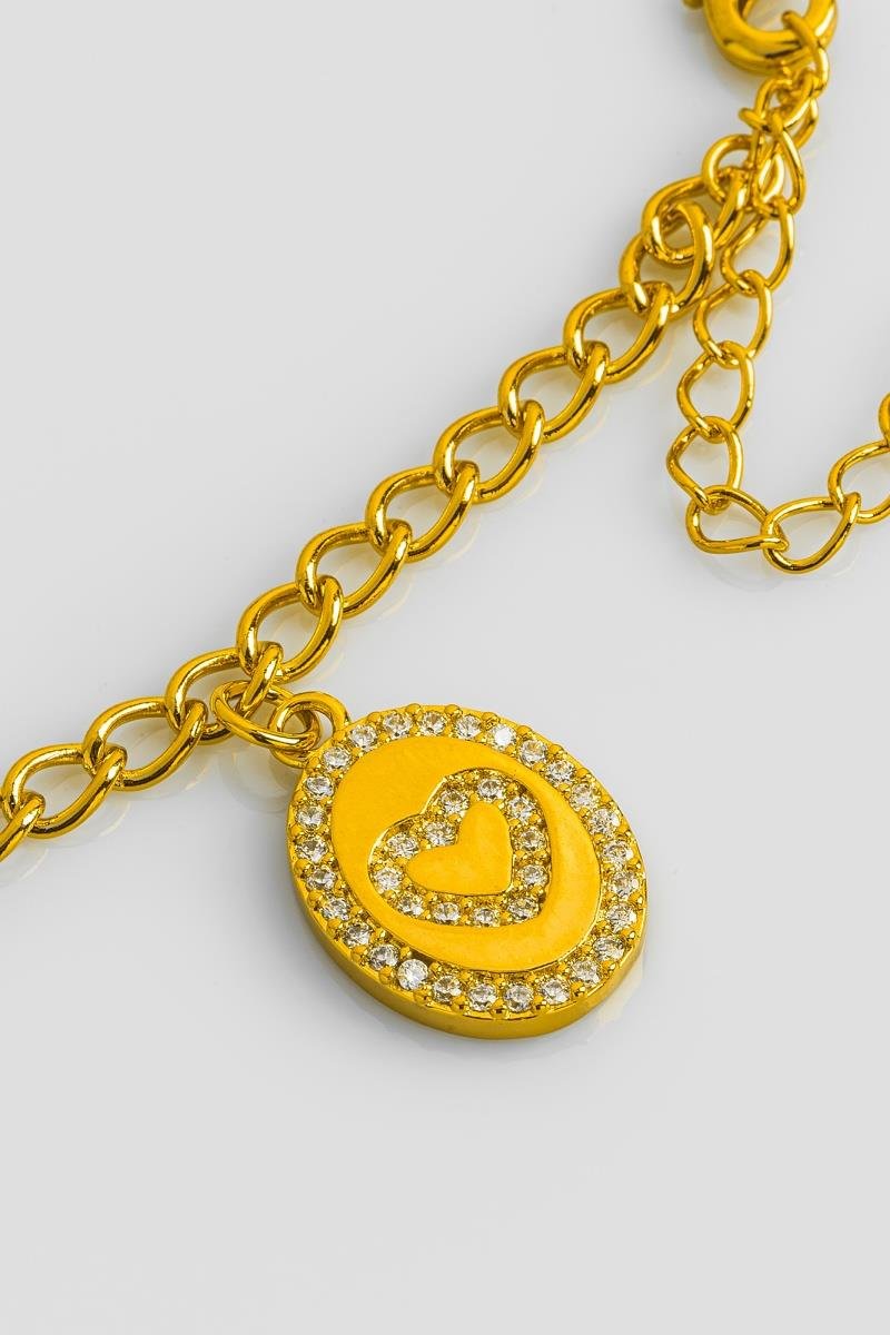 PULSEIRA CORAÇÃO CRAVEJADO EM ZIRCÔNIAS PINGENTE OVAL ELO GRUMET OURO