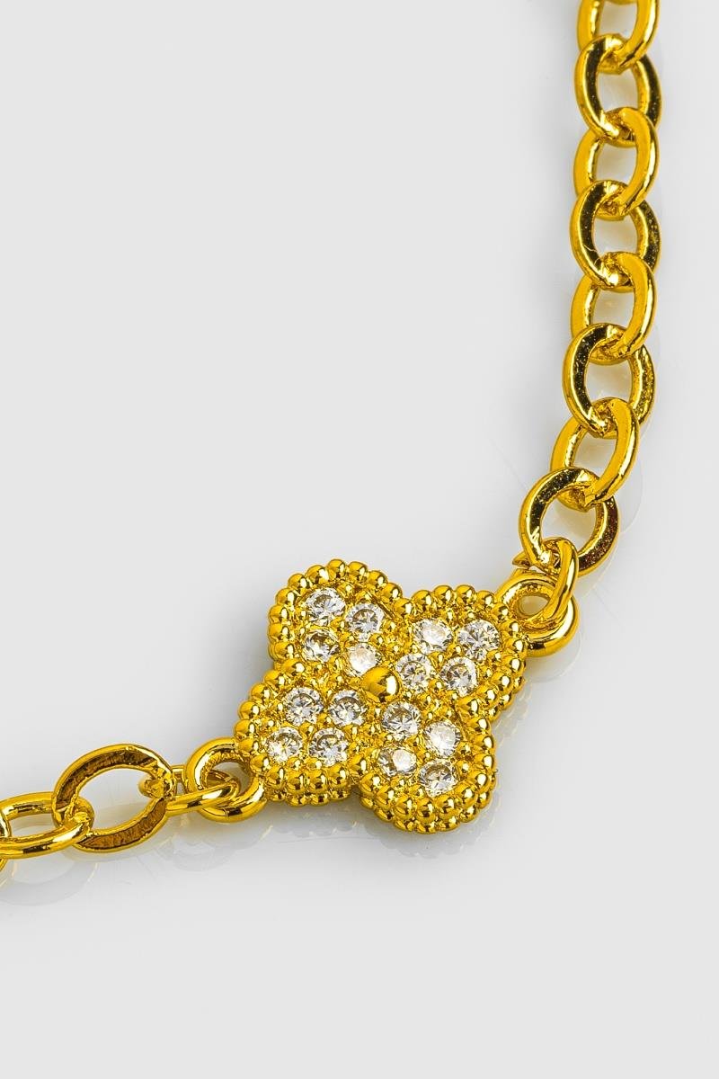 PULSEIRA TRIO DE TREVO CRAVEJADO EM ZIRCÔNIAS 11X16MM ELO OVAL OURO