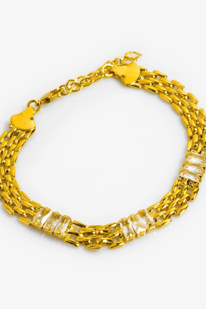 PULSEIRA MALHA RELÓGIO BAGUET ZIRCÔNIAS OURO