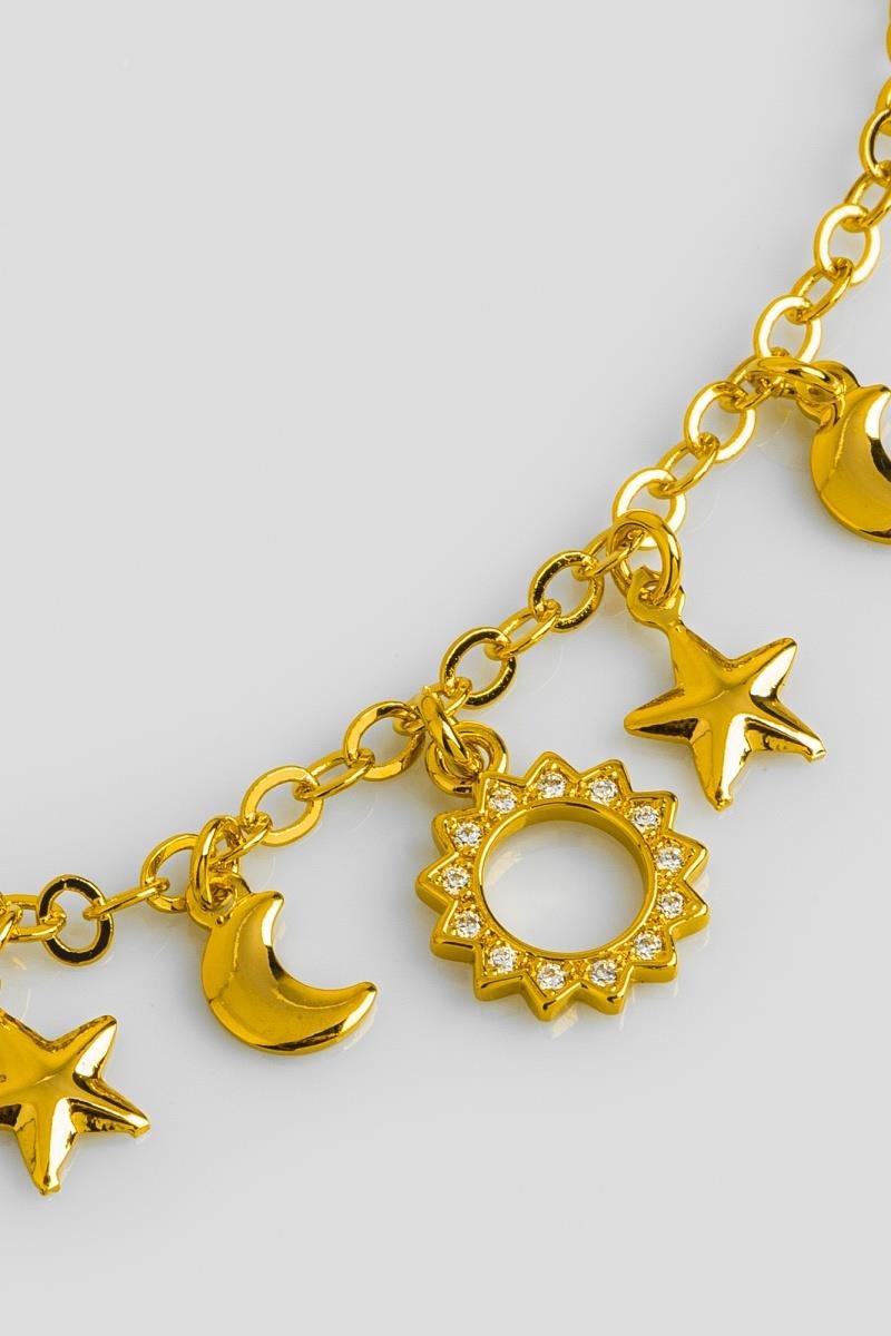 PULSEIRA SOL CRAVEJADO EM ZIRCÔNIAS LUA ESTRELA LISA ELO OVAL OURO