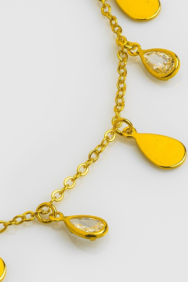 PULSEIRA GOTA DE ZIRCÔNIAS CRAVAÇÃO INGLESA CHAPINHA LISA CORRENTE ELINHO OURO