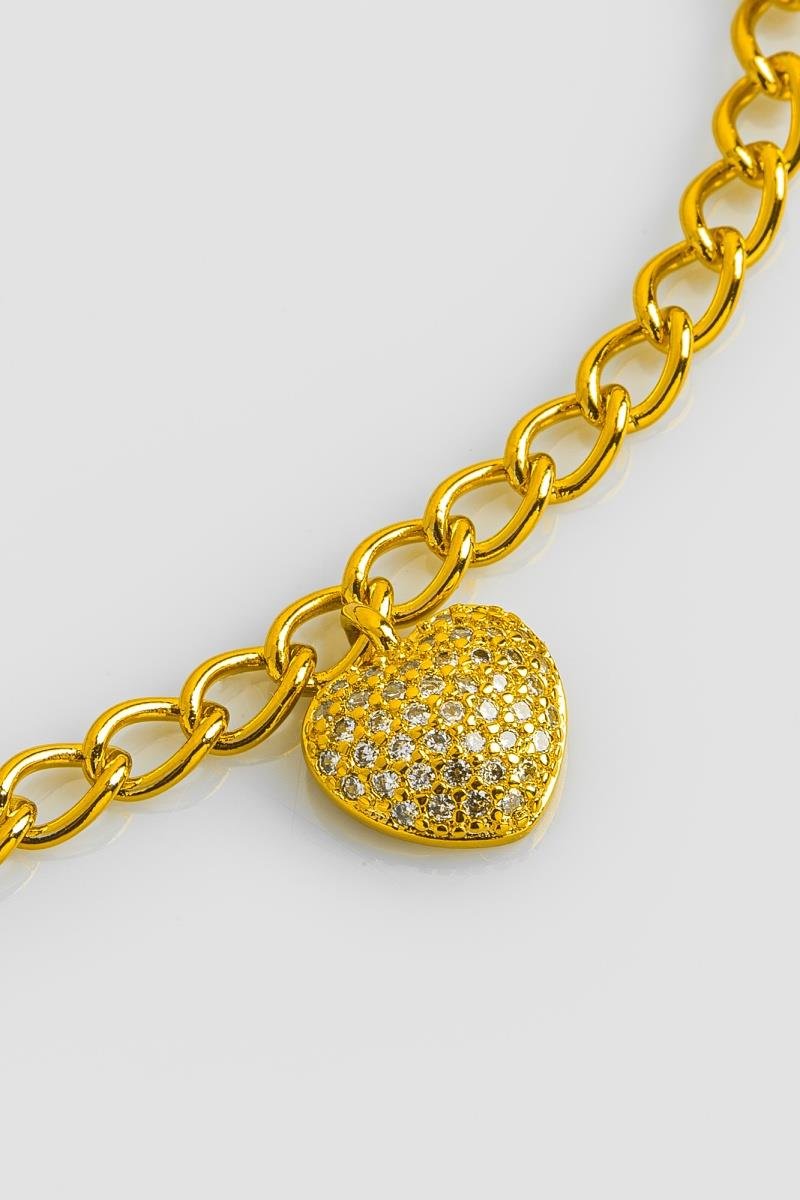PULSEIRA DE CORAÇÃO CRAVEJADO EM ZIRCÔNIAS 9MM ELO OVAL ONDULADO OURO