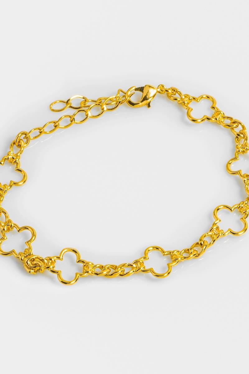 PULSEIRA TREVO VAZADO ELO ENTRELAÇADO OURO