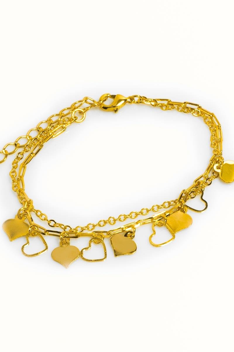 PULSEIRA DUPLA CORAÇÕES DIAMANTADO VAZADO CORRENTE ELO OVAL OURO