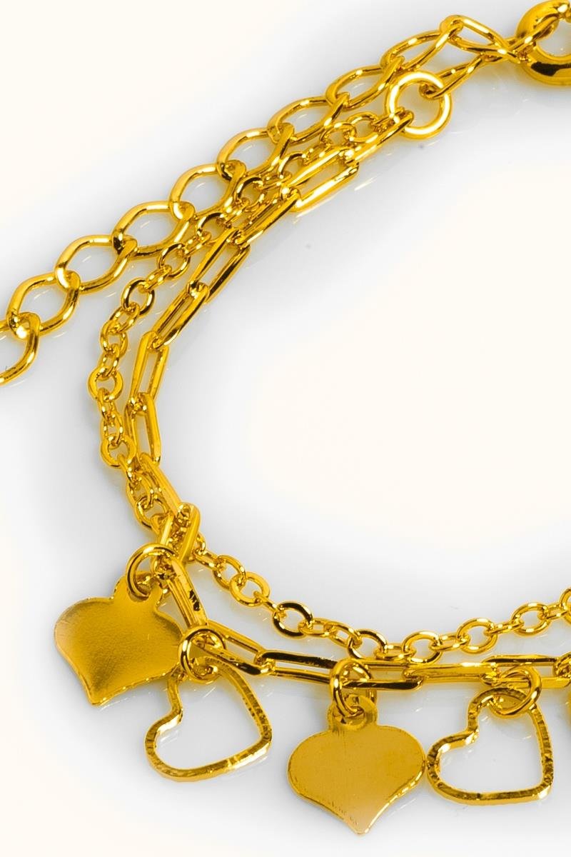 PULSEIRA DUPLA CORAÇÕES DIAMANTADO VAZADO CORRENTE ELO OVAL OURO