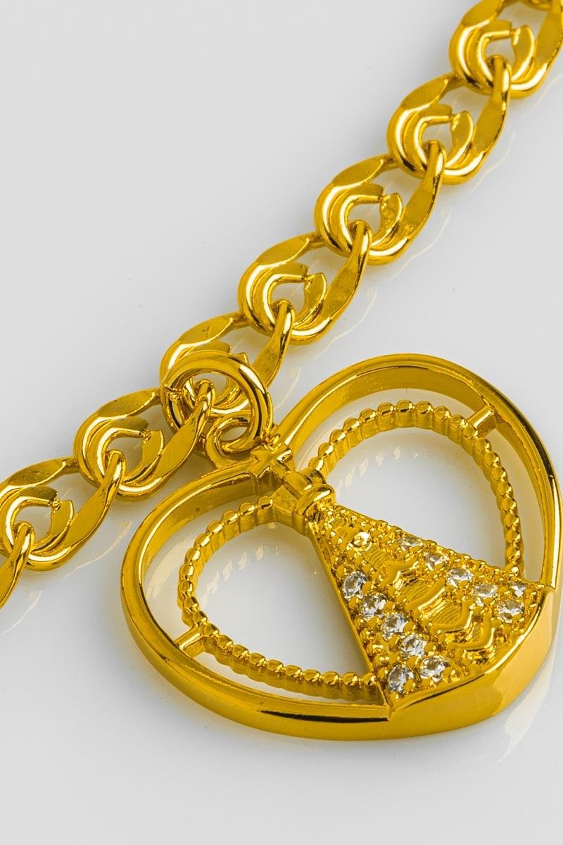 PULSEIRA NOSSA SENHORA COM ZIRCÔNIAS CORAÇÃO BOLEADO VAZADO ELO DUPLO OVAL OURO