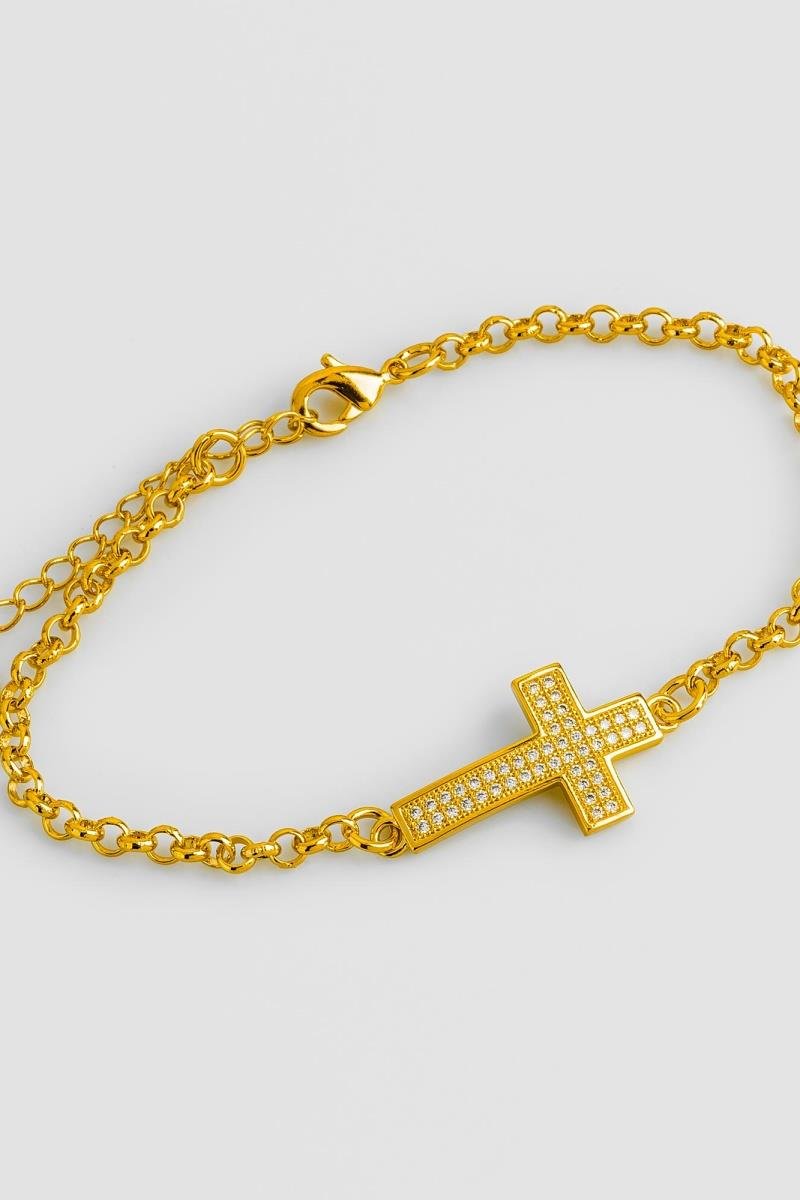 PULSEIRA CRUZ CRAVEJADA EM ZIRCÔNIA TRANSVERSAL ELO PORTUGUÊS OURO