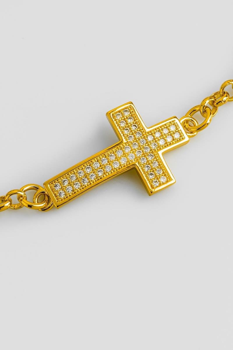 PULSEIRA CRUZ CRAVEJADA EM ZIRCÔNIA TRANSVERSAL ELO PORTUGUÊS OURO