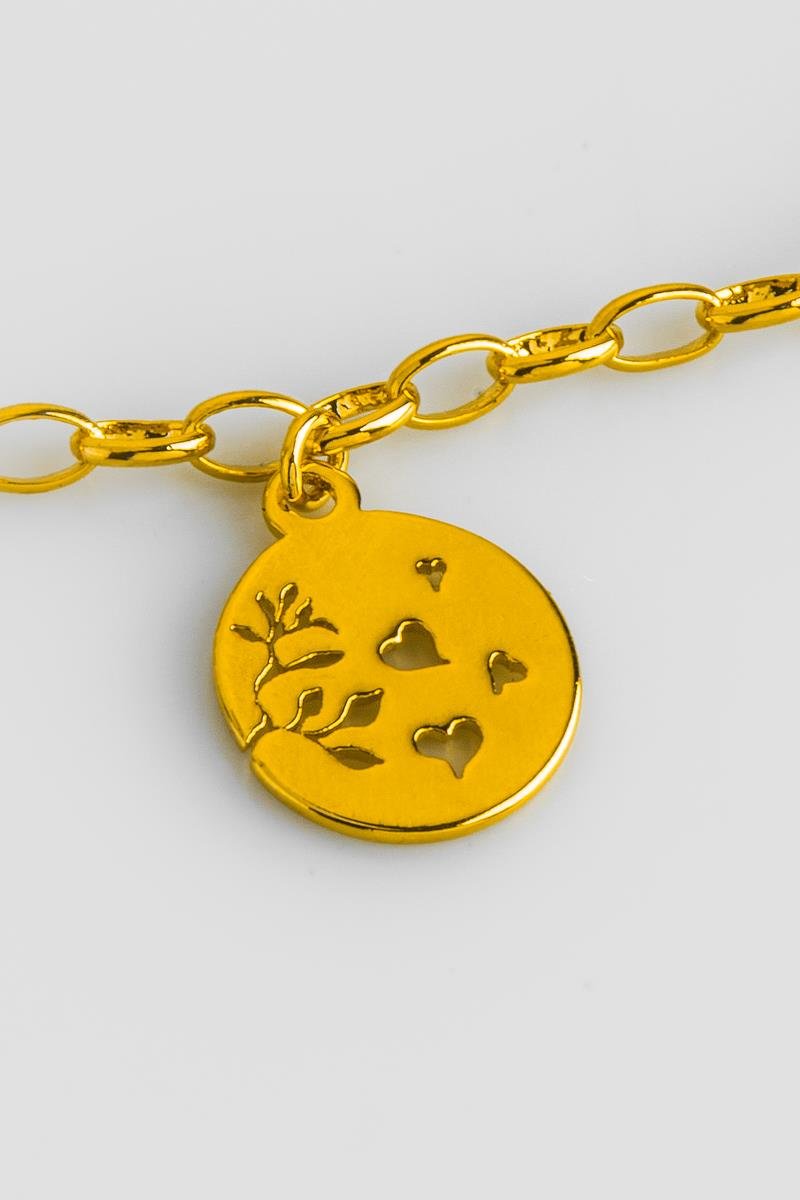 PULSEIRA RAMO DE FLOR COM FOLHAGEM E CORAÇÃO VAZADO ELO OVAL OURO
