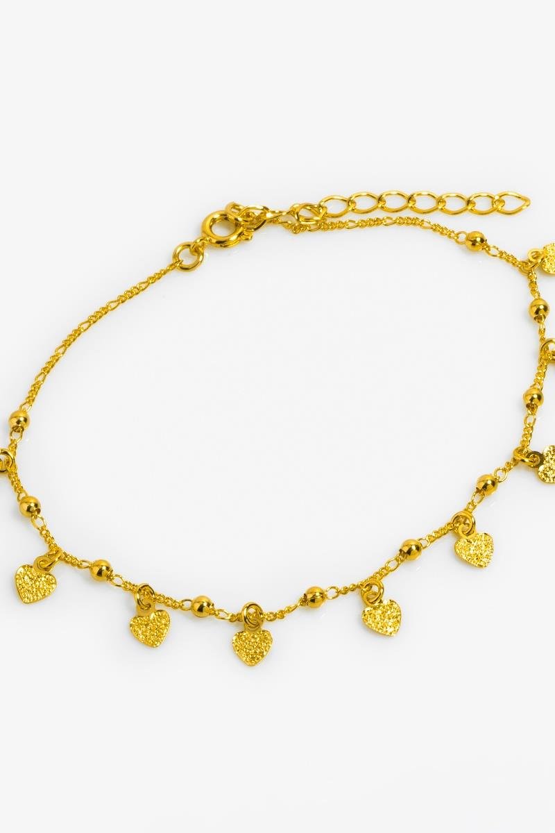 TORNOZELEIRA CORAÇÃO DIAMANTADO BOLINHA LISA ELO 3X1 OURO