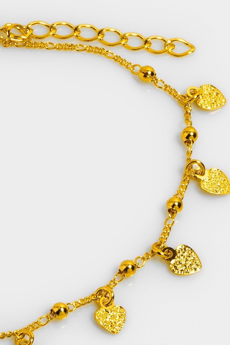 TORNOZELEIRA CORAÇÃO DIAMANTADO BOLINHA LISA ELO 3X1 OURO
