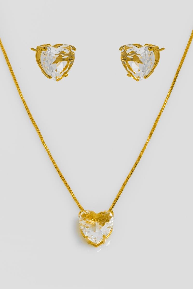 CONJUNTO CORAÇÃO CRISTAL 10MM OURO