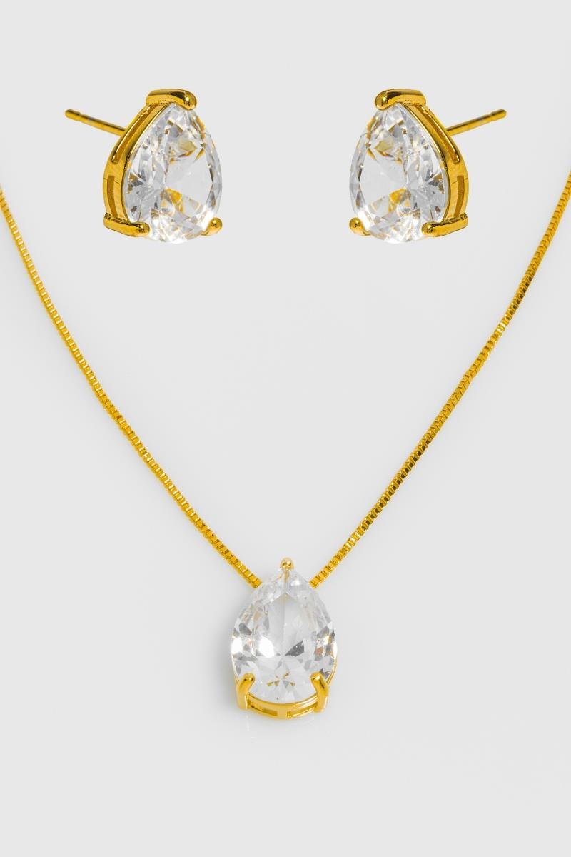 CONJUNTO GOTA CRISTAL CORRENTE 45CM OURO