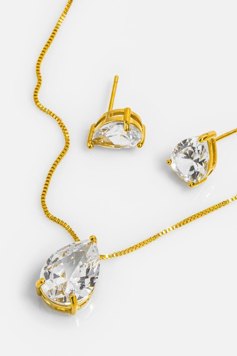 CONJUNTO GOTA CRISTAL CORRENTE 45CM OURO