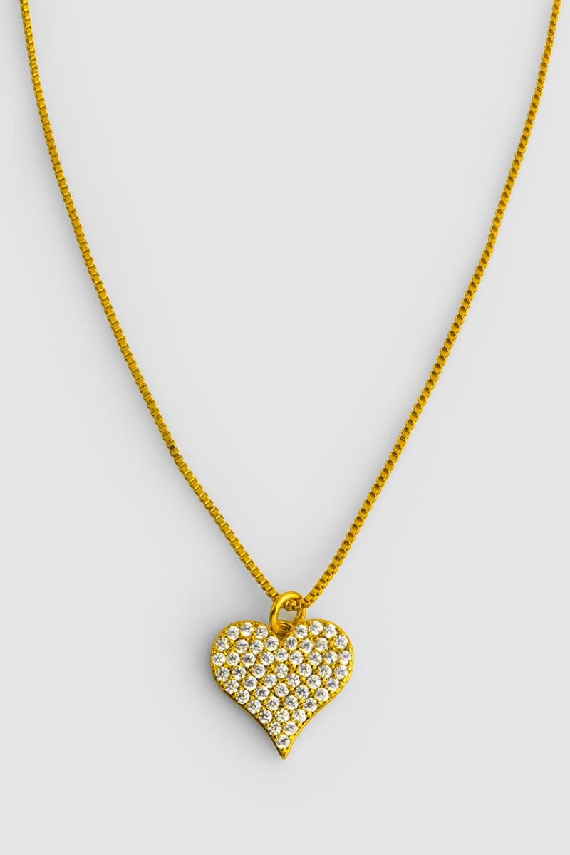 CONJUNTO CORAÇÃO LONGO CRAVEJADO EM ZIRCÔNIAS CORRENTE VENEZIANA 45CM OURO
