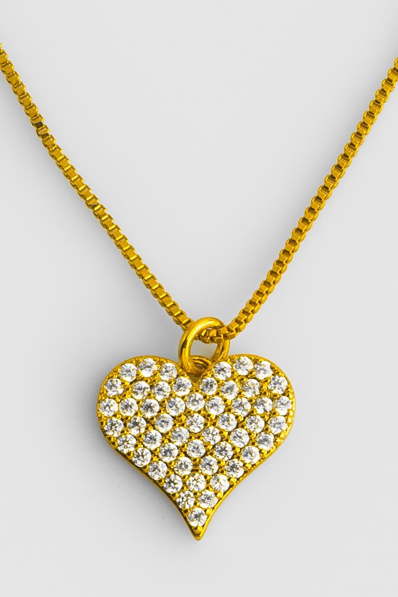 CONJUNTO CORAÇÃO LONGO CRAVEJADO EM ZIRCÔNIAS CORRENTE VENEZIANA 45CM OURO