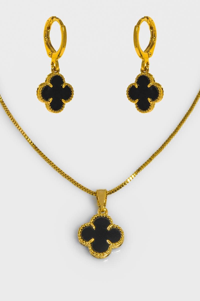 CONJUNTO DE TREVO PRETO 11MM OURO