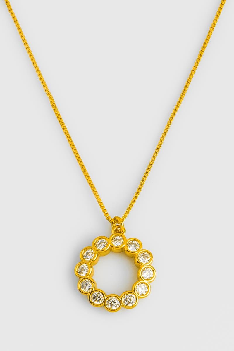 CONJUNTO ARGOLA ZIRCÔNIA CRAVAÇÃO INGLESA PINGENTE REDONDO OURO