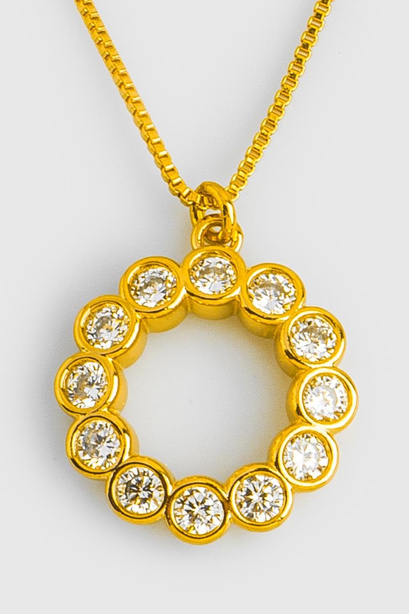 CONJUNTO ARGOLA ZIRCÔNIA CRAVAÇÃO INGLESA PINGENTE REDONDO OURO