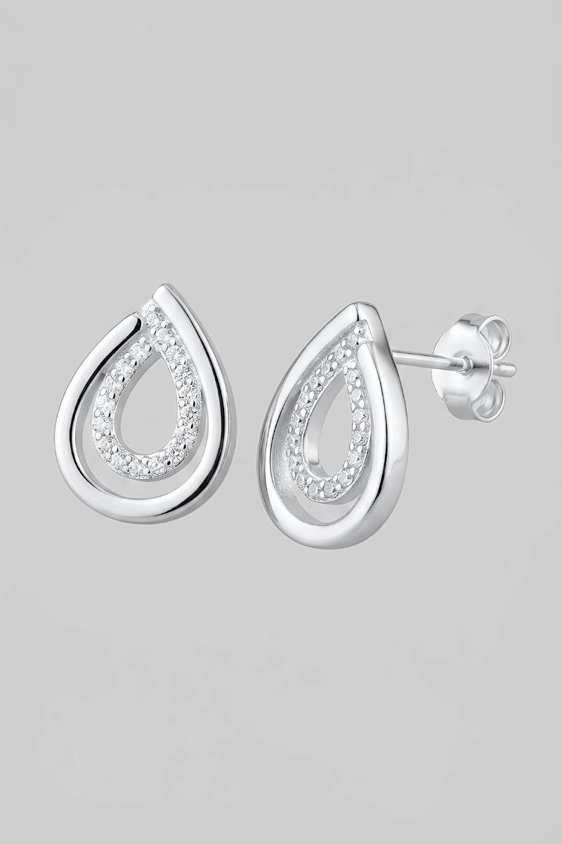 BRINCO GOTA DUPLA CRAVEJADA EM ZIRCÔNIAS FIO LISO VAZADO 11X14MM PRATA 925